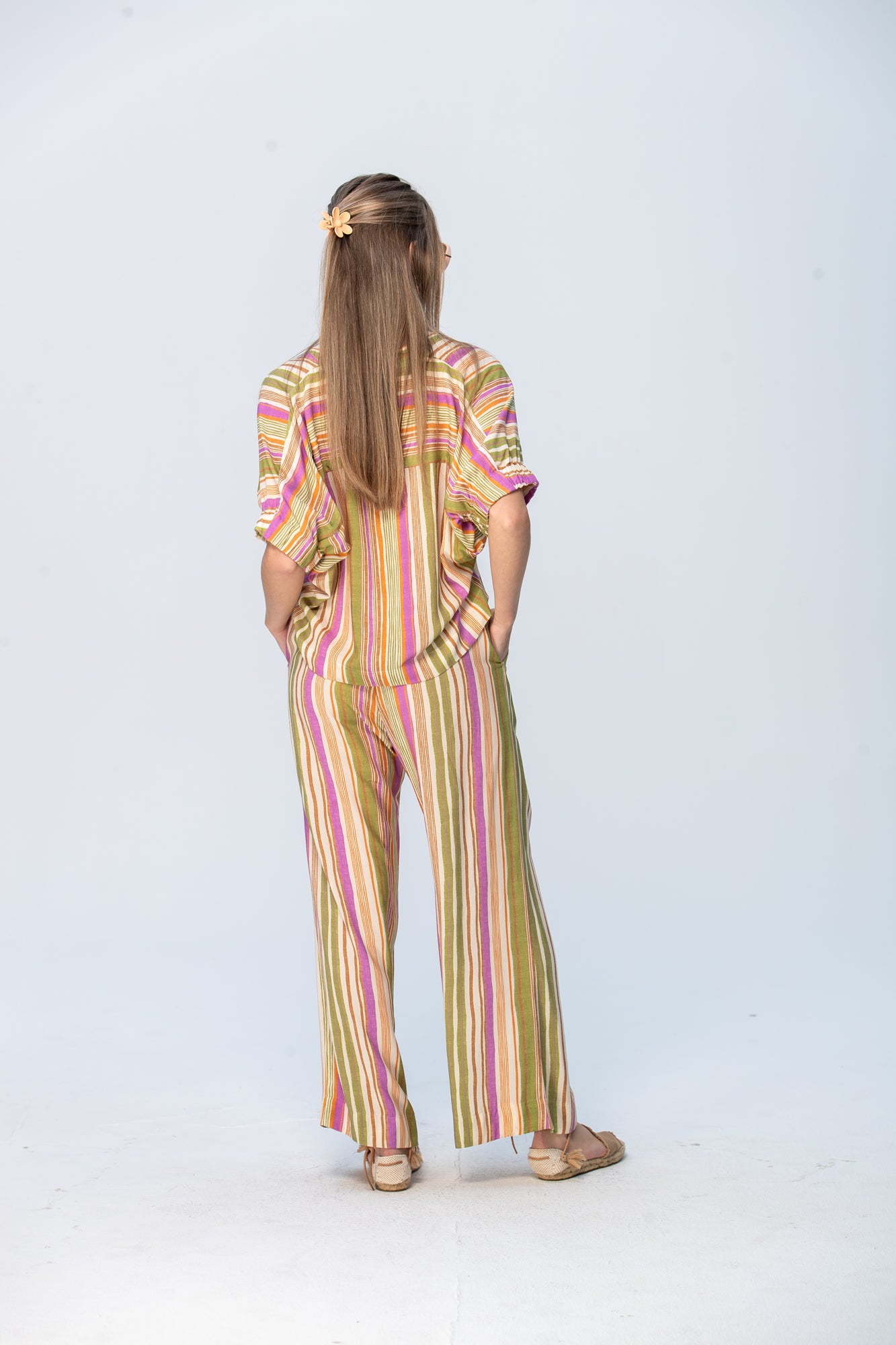 Sydney Wide Leg Pants - Pink and Green Stripe