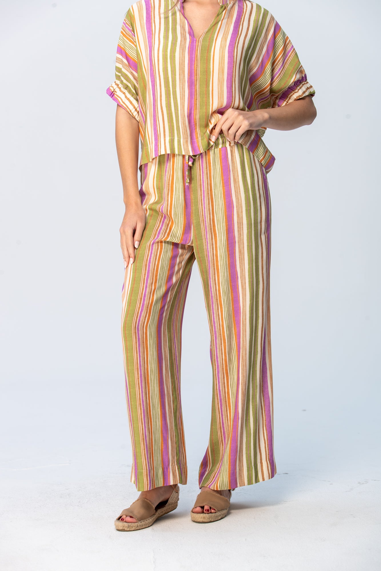 Sydney Wide Leg Pants - Pink and Green Stripe