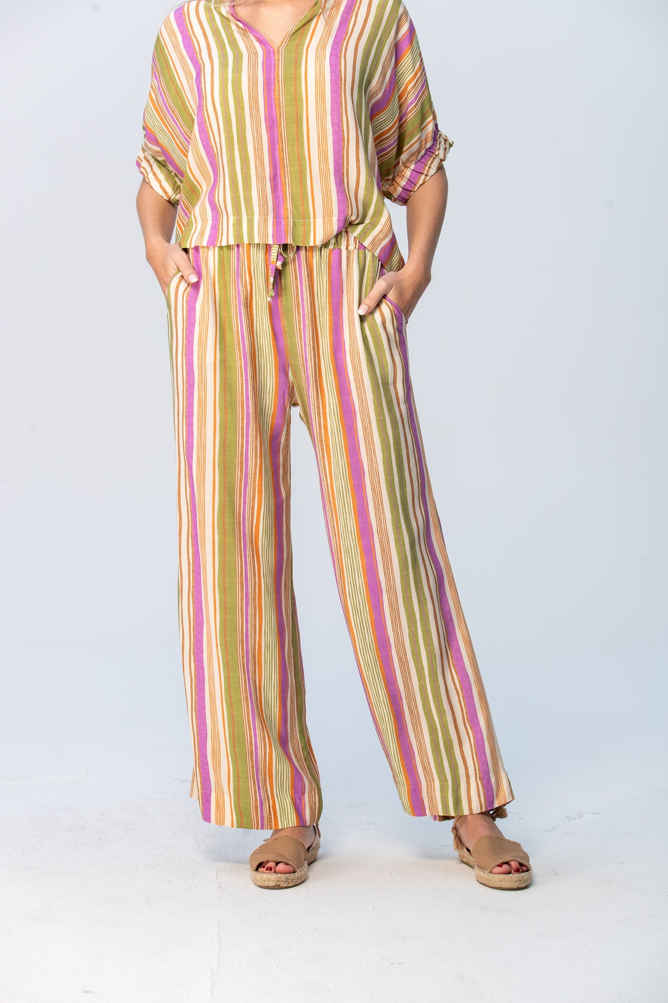 Sydney Wide Leg Pants - Pink and Green Stripe