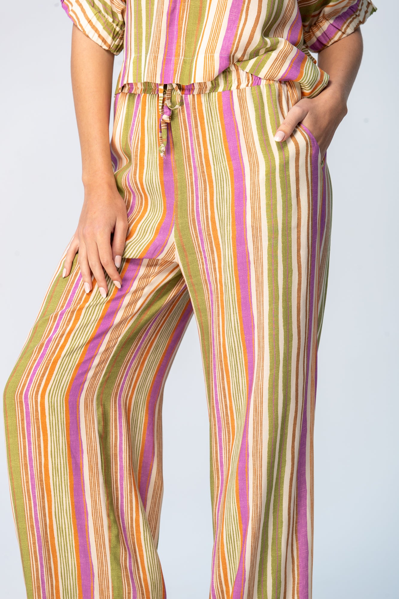Sydney Wide Leg Pants - Pink and Green Stripe