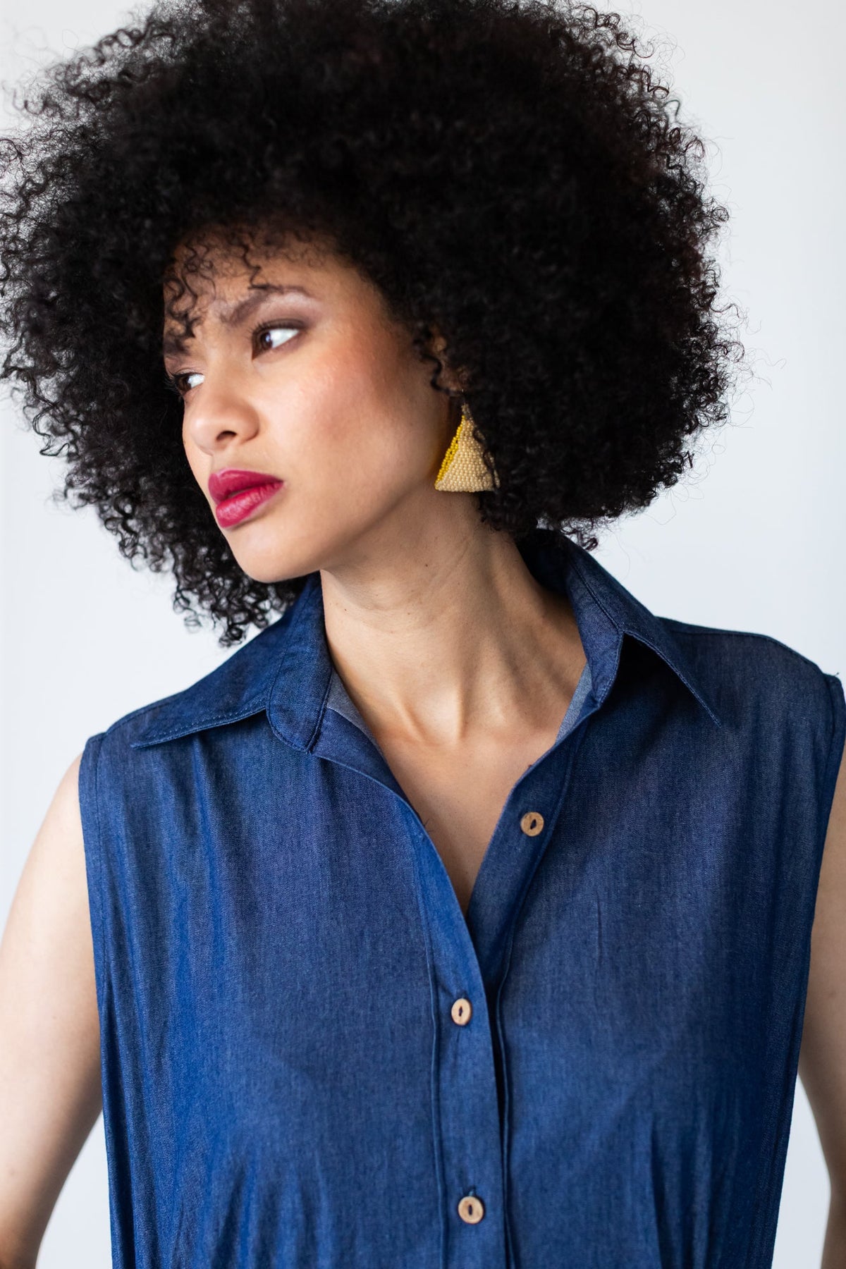 Sutton denim shirt-dress, close-up of collar and neckline