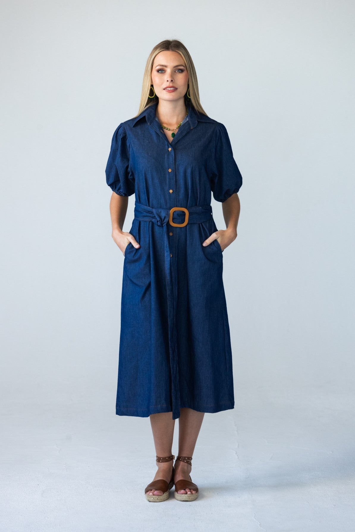 Harlow denim shirt dress in 100% cotton showing hands in pockets