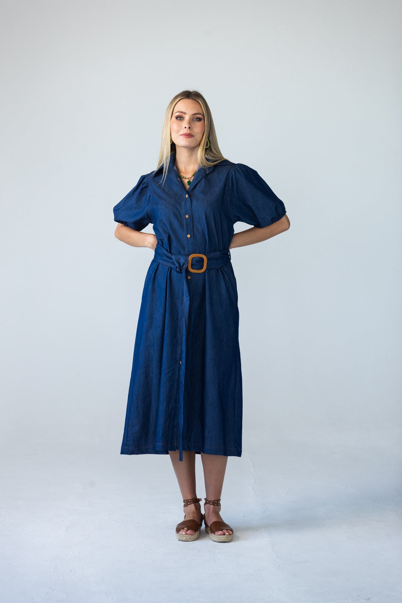 Harlow denim shirt dress in 100% cotton showing sleeve detail