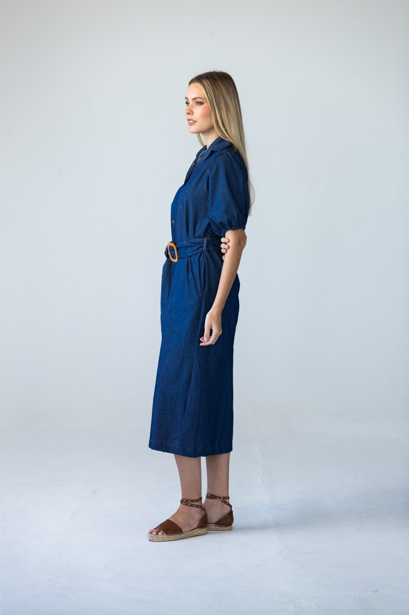 Harlow denim shirt dress in 100% cotton showing side view