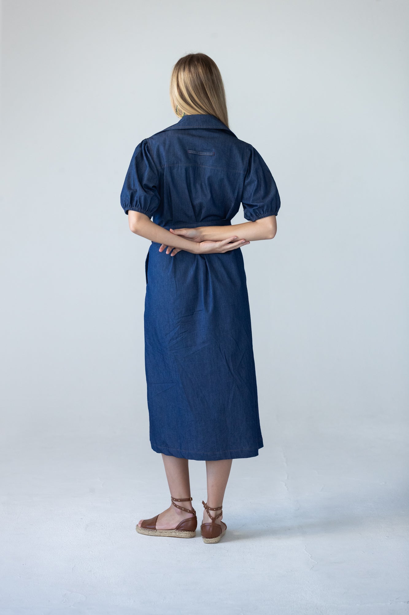 Harlow denim shirt dress in 100% cotton showing full back detail