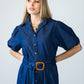 Harlow denim shirt dress in 100% cotton, front view with self-tie belt and gathered puff sleeves