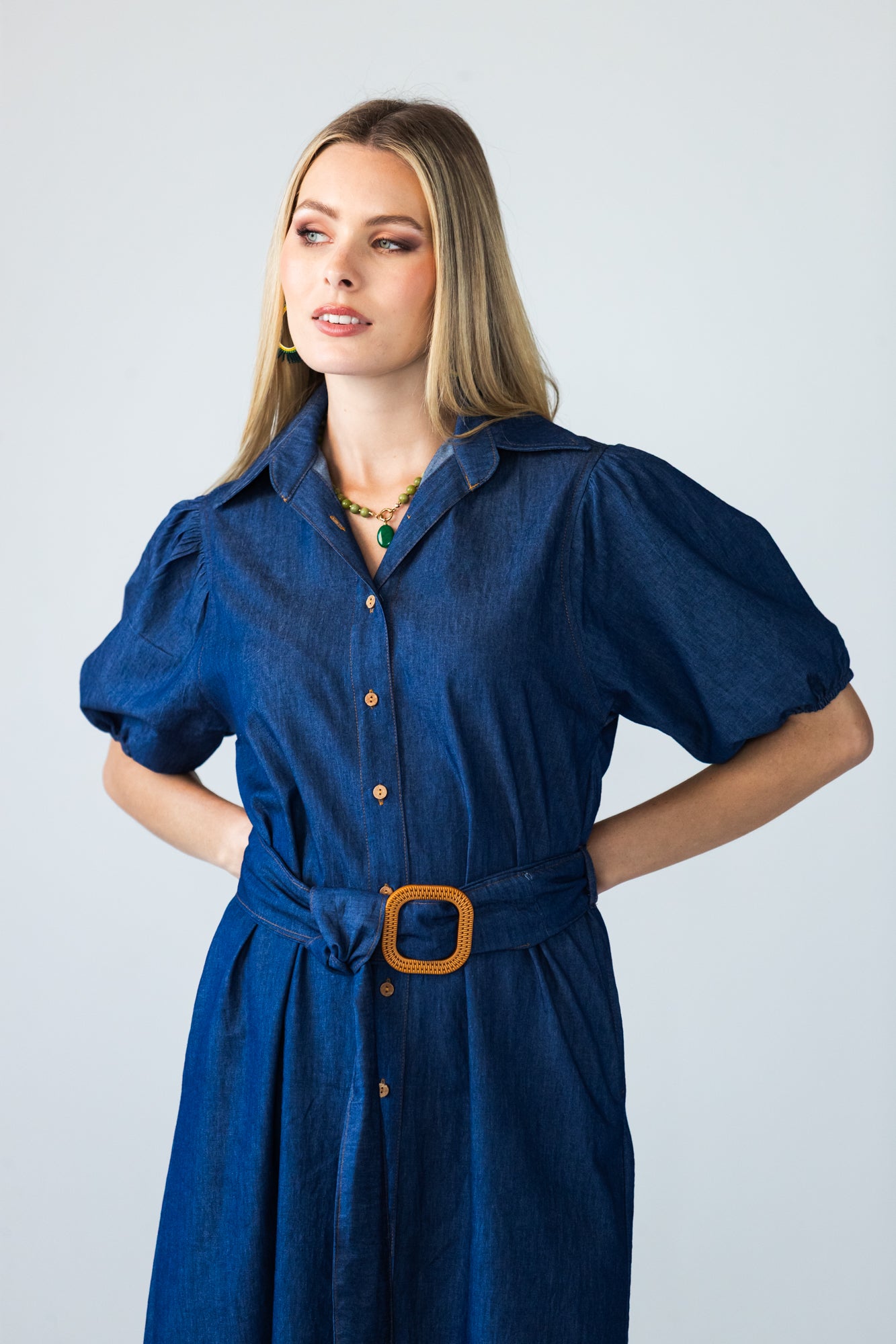 Harlow denim shirt dress in 100% cotton, front view with self-tie belt and gathered puff sleeves