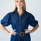 Harlow denim shirt dress in 100% cotton close up of button, belt and sleeve detail