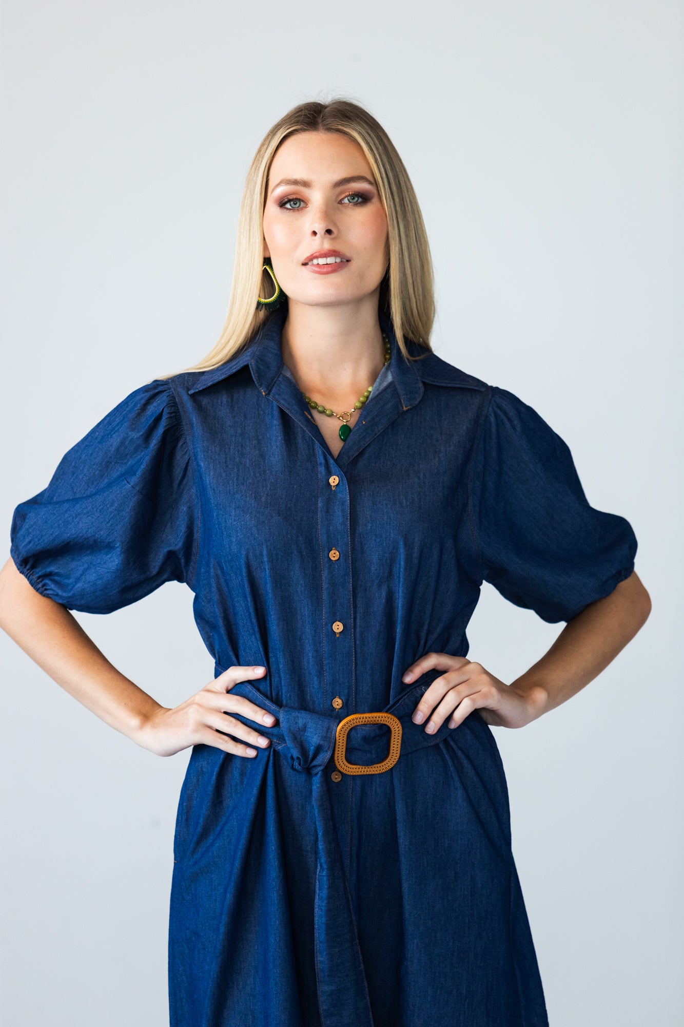 Harlow denim shirt dress in 100% cotton close up of button, belt and sleeve detail