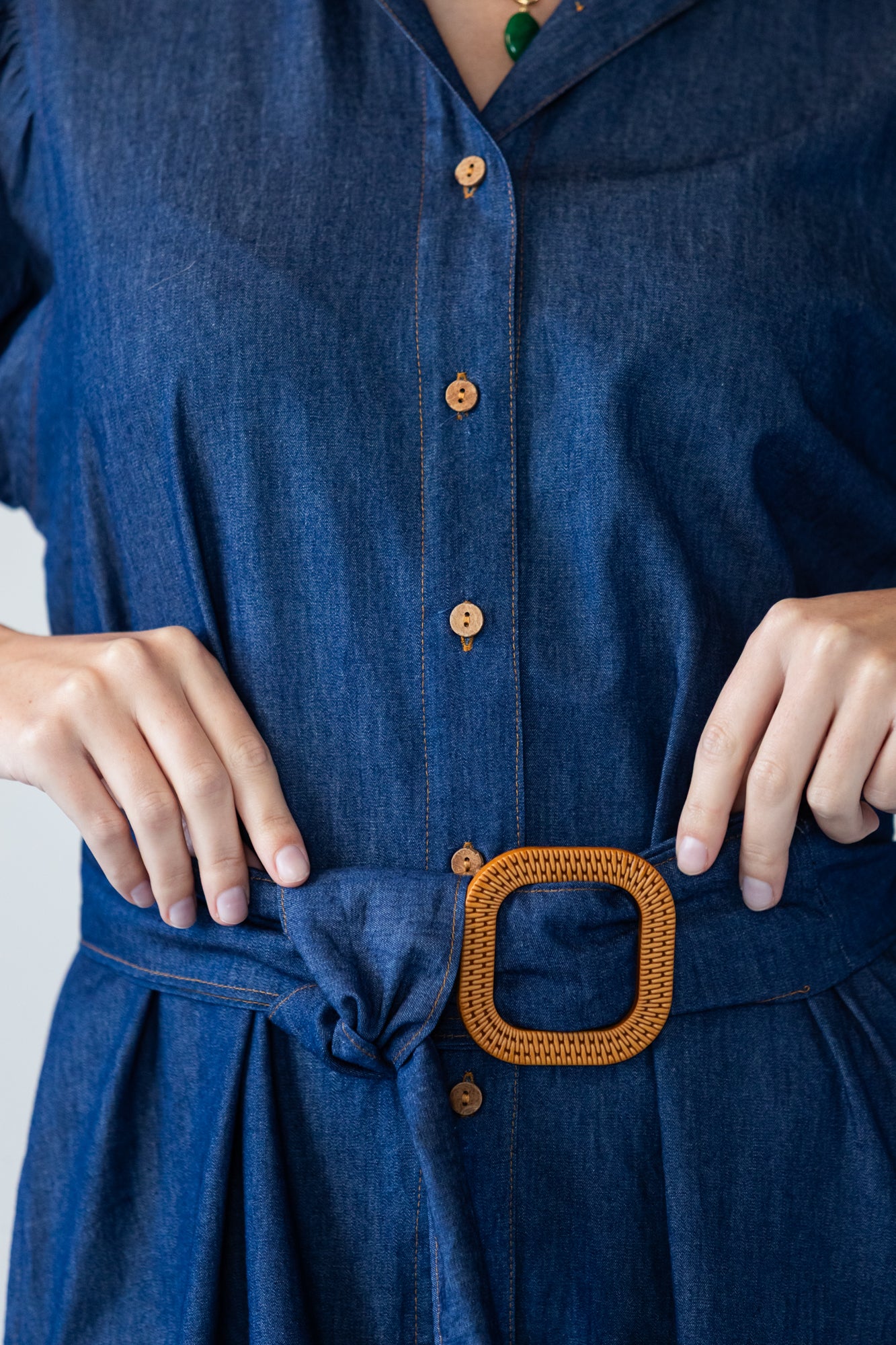 Harlow denim shirt dress in 100% cotton with close up belt and buckle detail