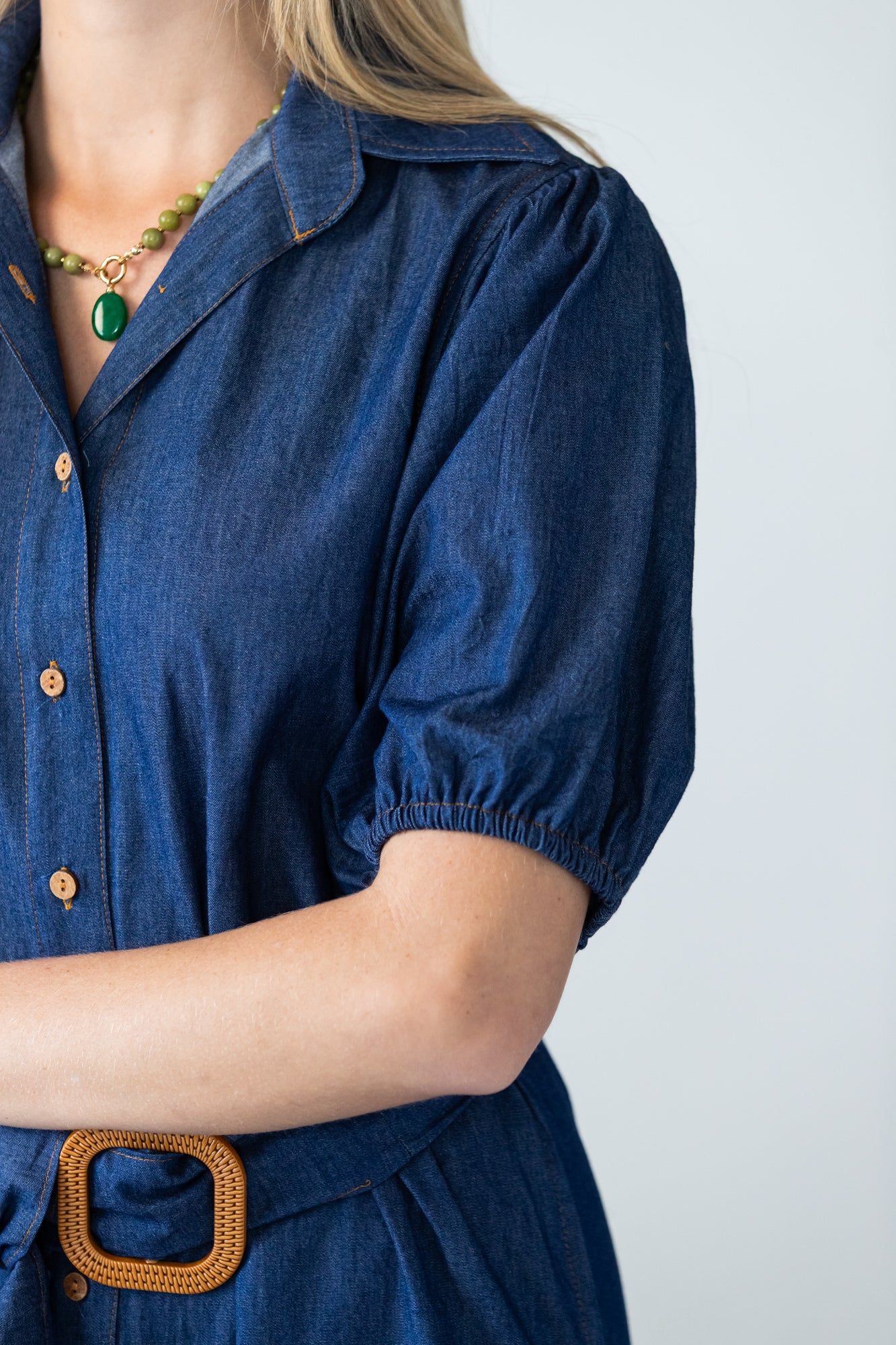 Harlow denim shirt dress in 100% cotton sleeve detail