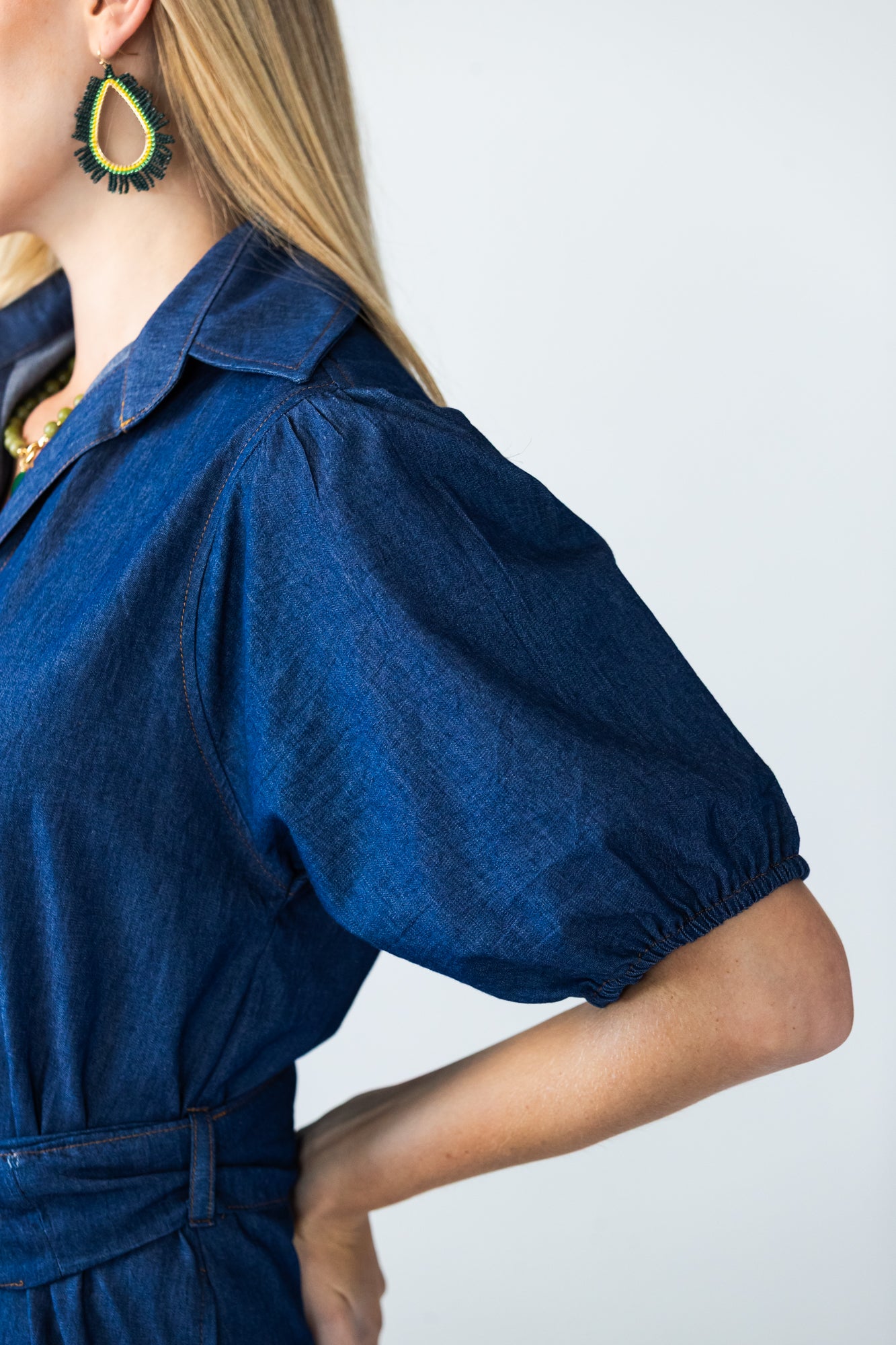 Harlow denim shirt dress in 100% cotton side view of sleeve