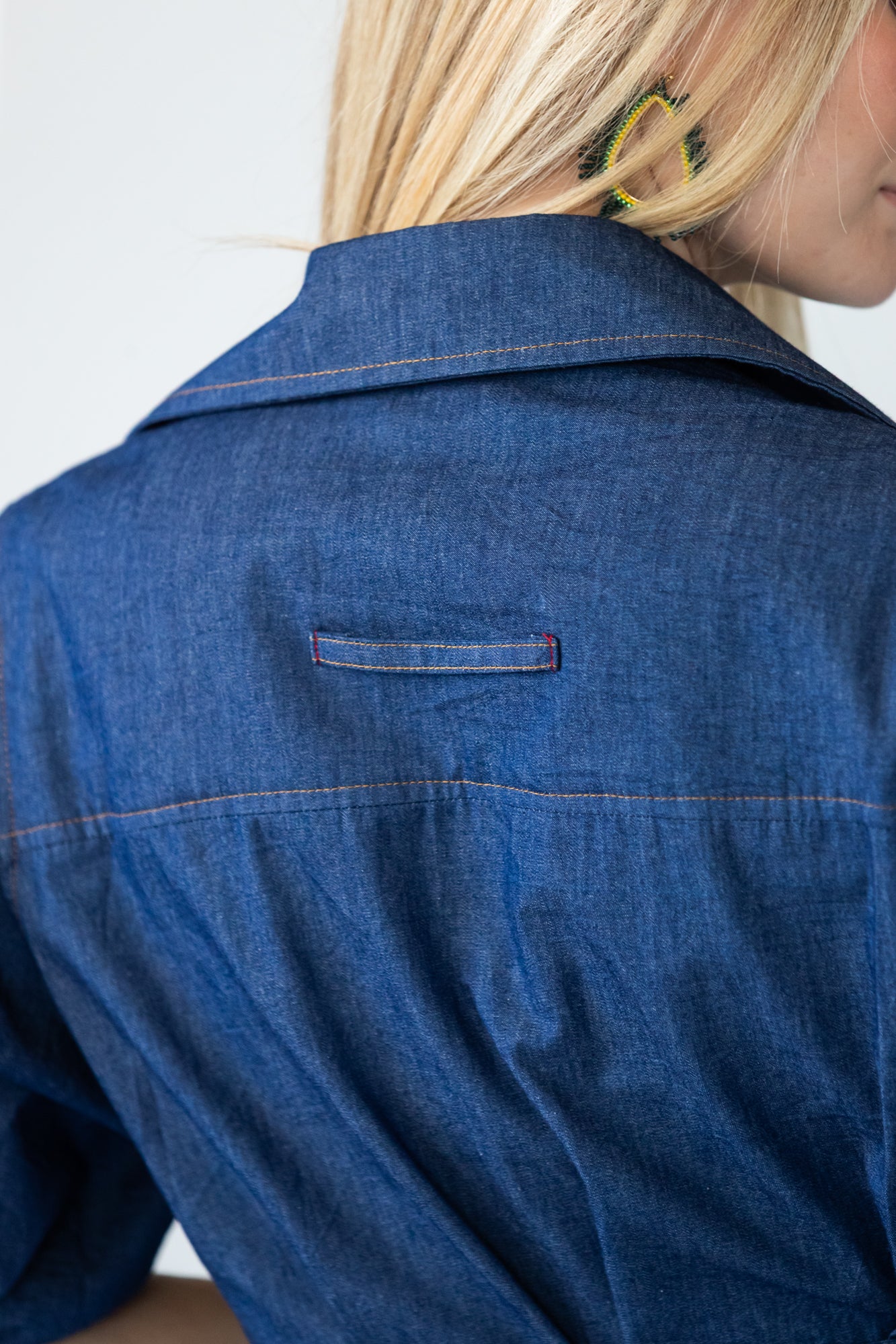 Harlow denim shirt dress in 100% cotton showing back tab detail