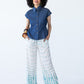Sydney teal brushstroke wide leg pants, front view styled with denim top