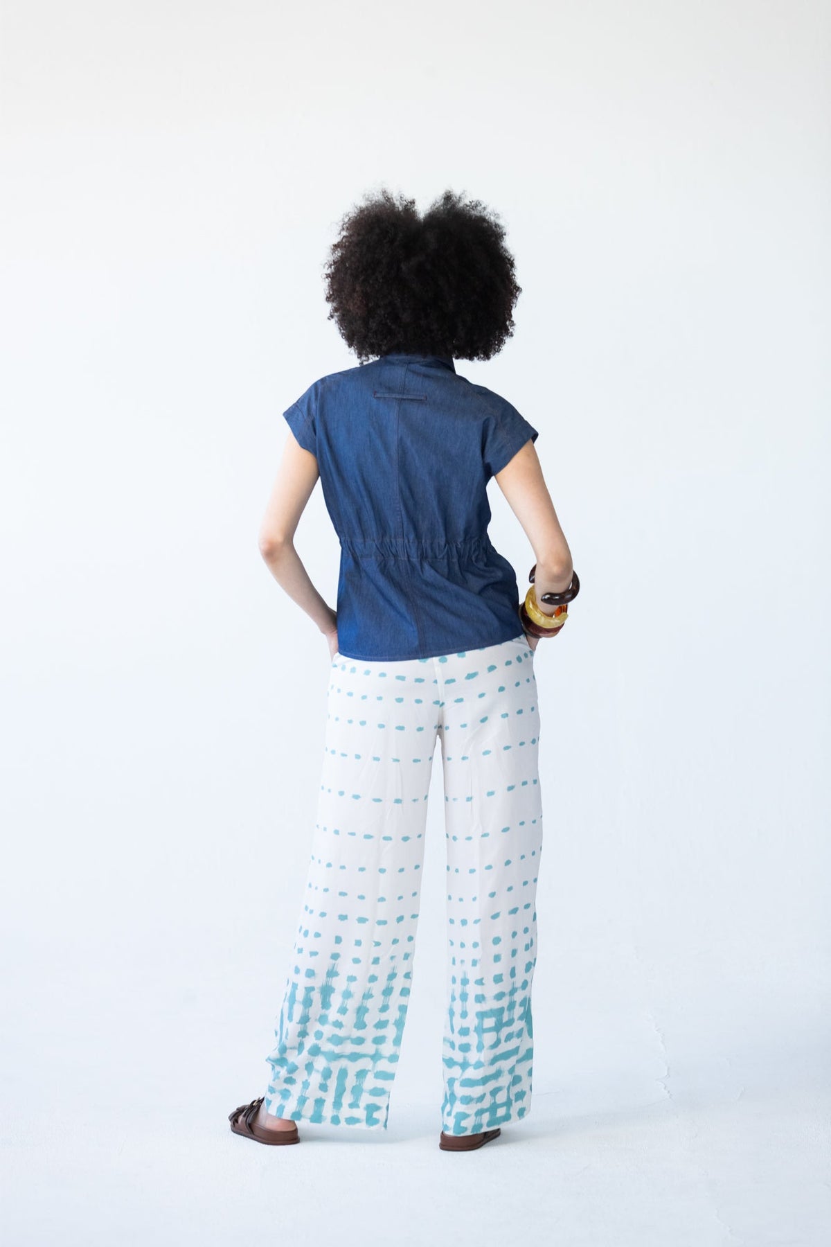 Sydney teal brushstroke wide leg pants, back view