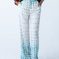 Sydney teal brushstroke wide leg pants, front view close up showing waistband