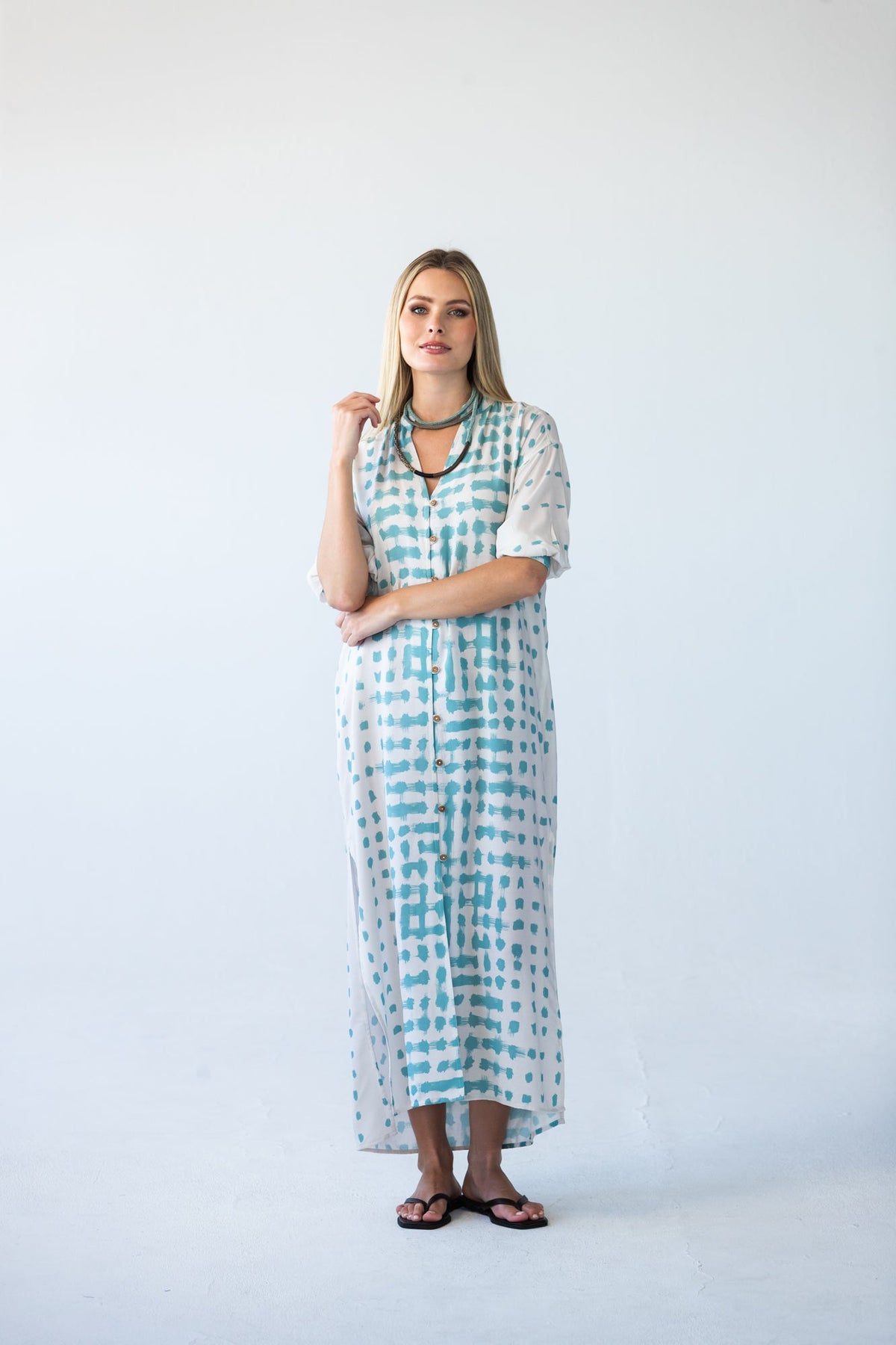 Bailey teal brushstroke kaftan, front view standing