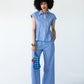 Sydney wide leg stripe pants, front view styled with matching shirt