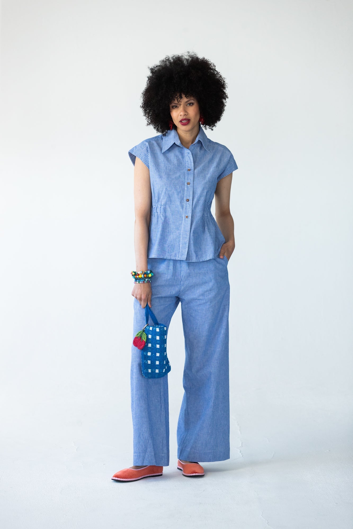 Sydney wide leg stripe pants, front view styled with matching shirt