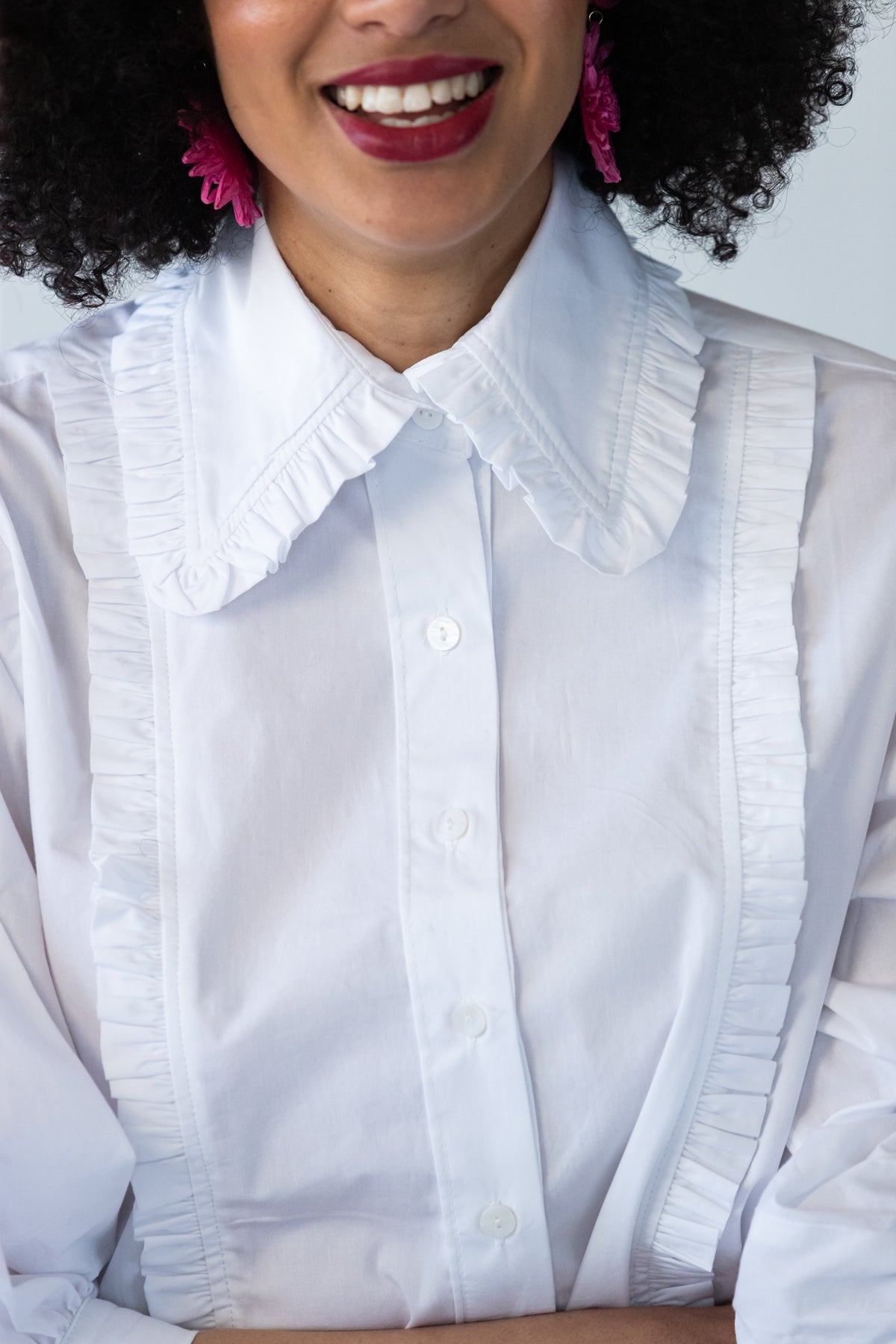 Claire frill shirt, close-up of frilled collar and buttons