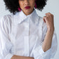 Claire frill shirt, front close-up with arms crossed showing cuffs and frill trim
