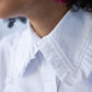 Claire frill shirt, side close-up of frilled collar and topstitching