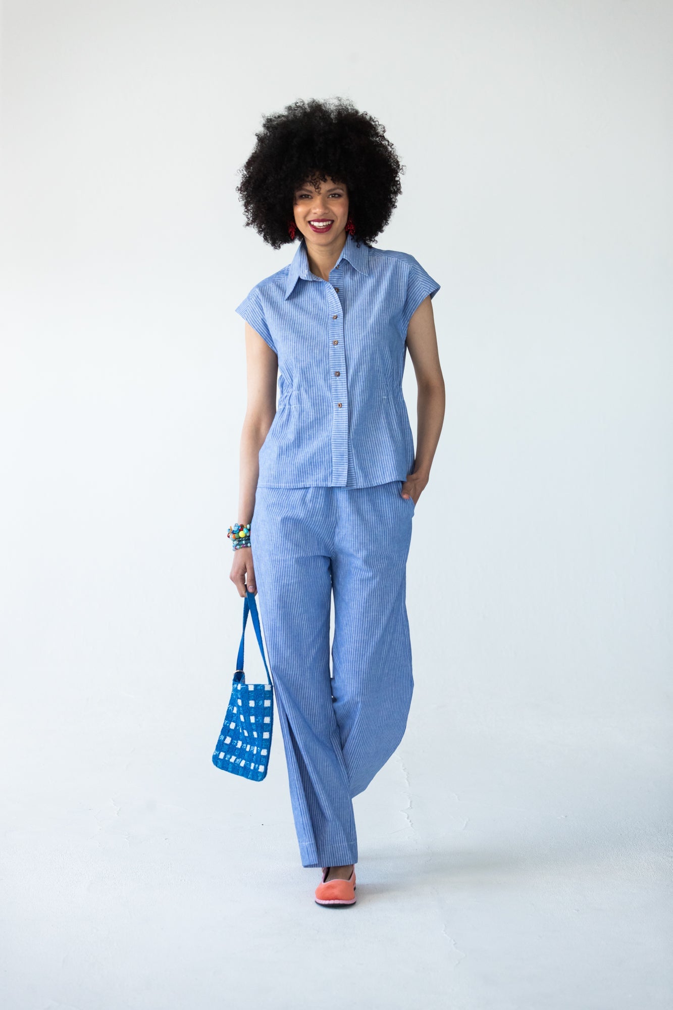 Sydney wide leg stripe pants, front view with model walking