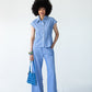 Sydney wide leg stripe pants, front view with hand on hip