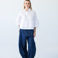 Serafina white pintuck shirt, front view full length styled with Stella Balloon Pants