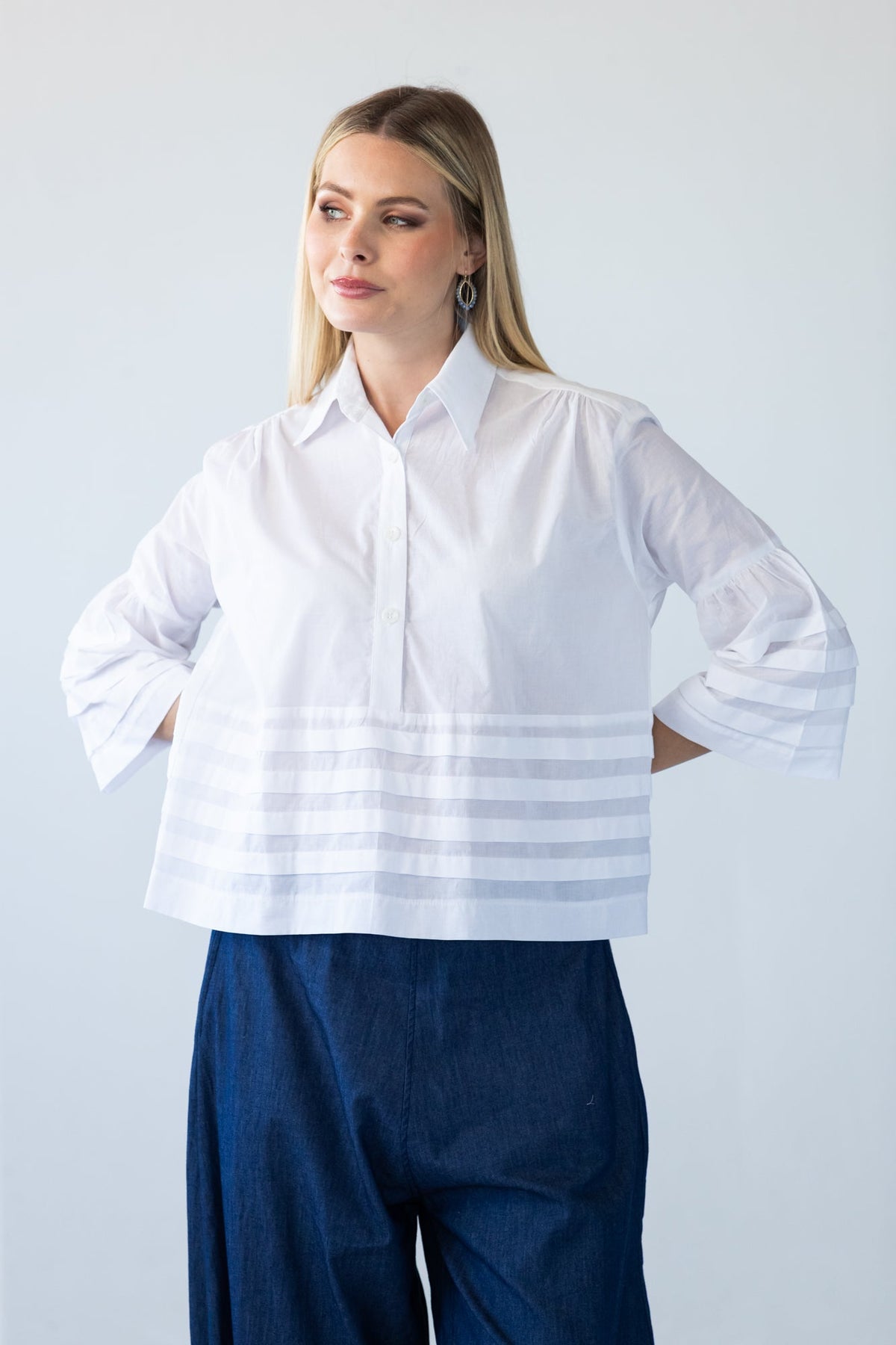 Serafina white pintuck shirt, back view close up showing gathered shoulder and sleeve