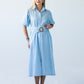 Harlow blue and white stripe shirt dress, front view with self-tie belt and puff sleeves
