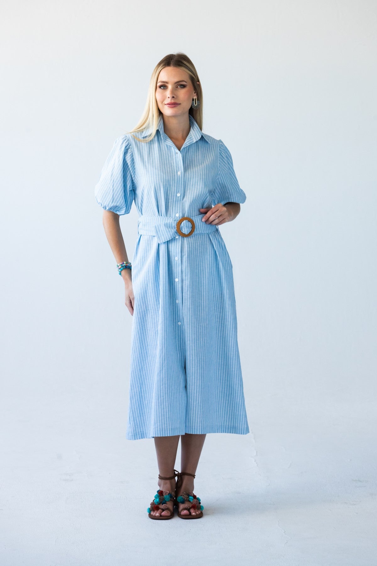 Harlow blue and white stripe shirt dress, front view with self-tie belt and puff sleeves