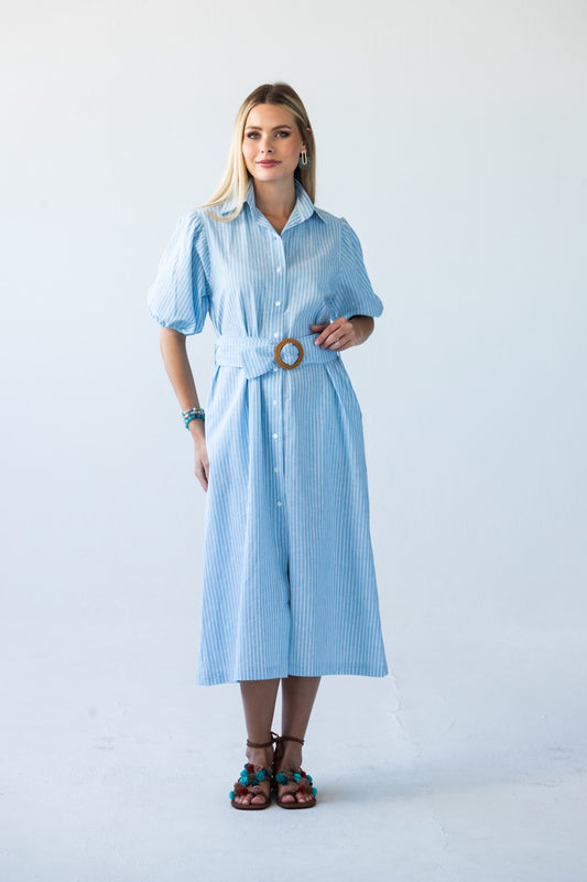 Harlow blue and white stripe shirt dress, front view with self-tie belt and puff sleeves