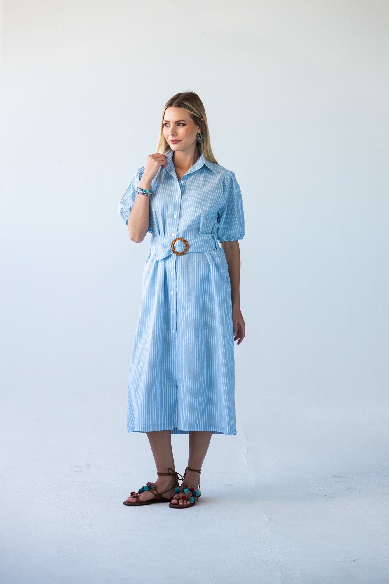 Harlow blue and white stripe shirt dress, front view with self-tie belt and puff sleeves showing collar