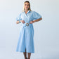 Harlow blue and white stripe shirt dress, front view with showing self-tie belt