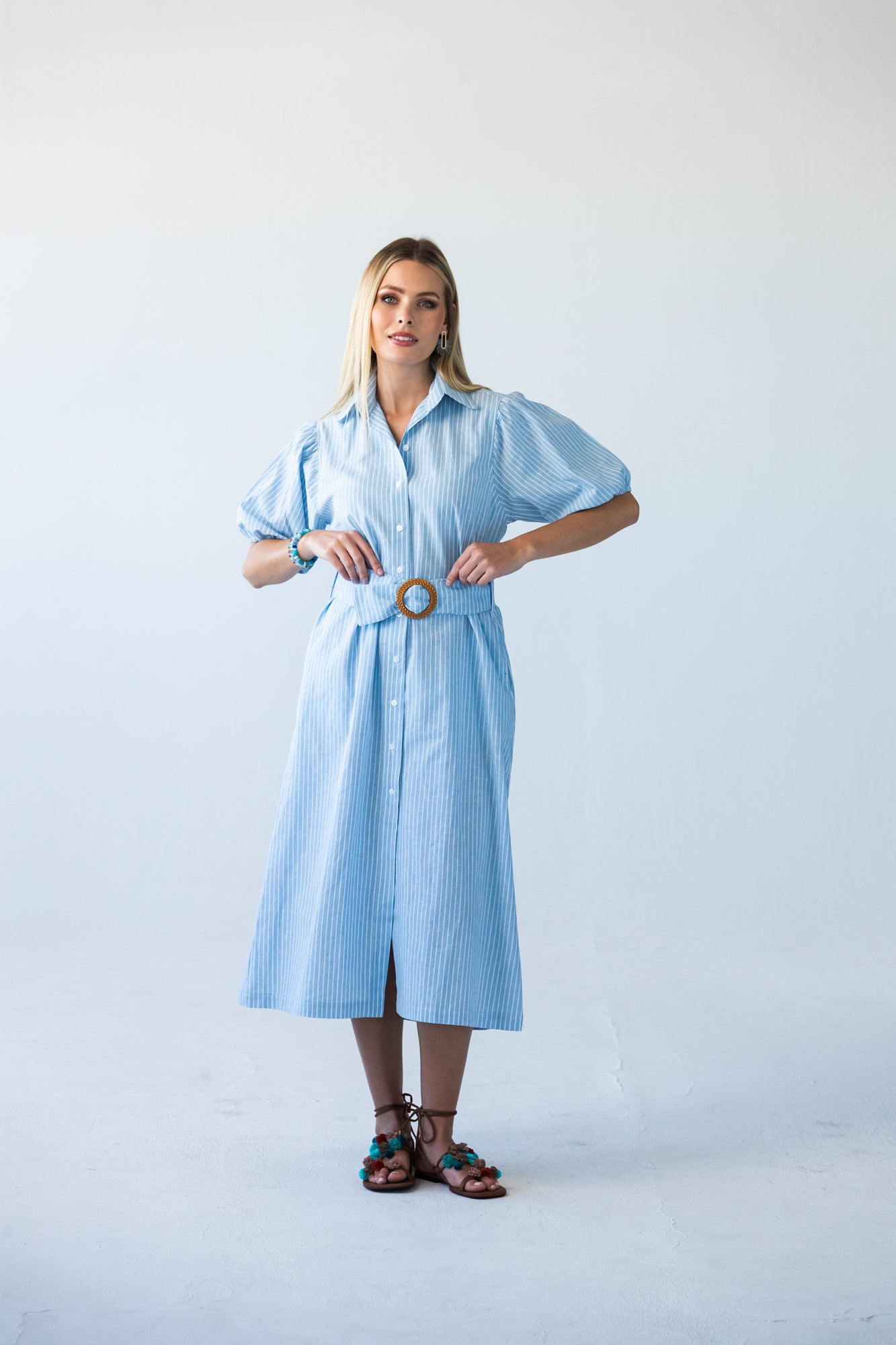 Harlow blue and white stripe shirt dress, front view with showing self-tie belt