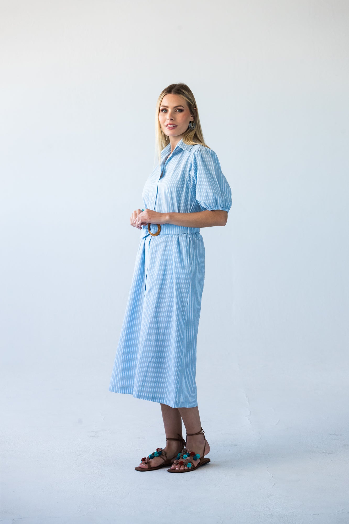 Harlow blue and white stripe shirt dress, side view 