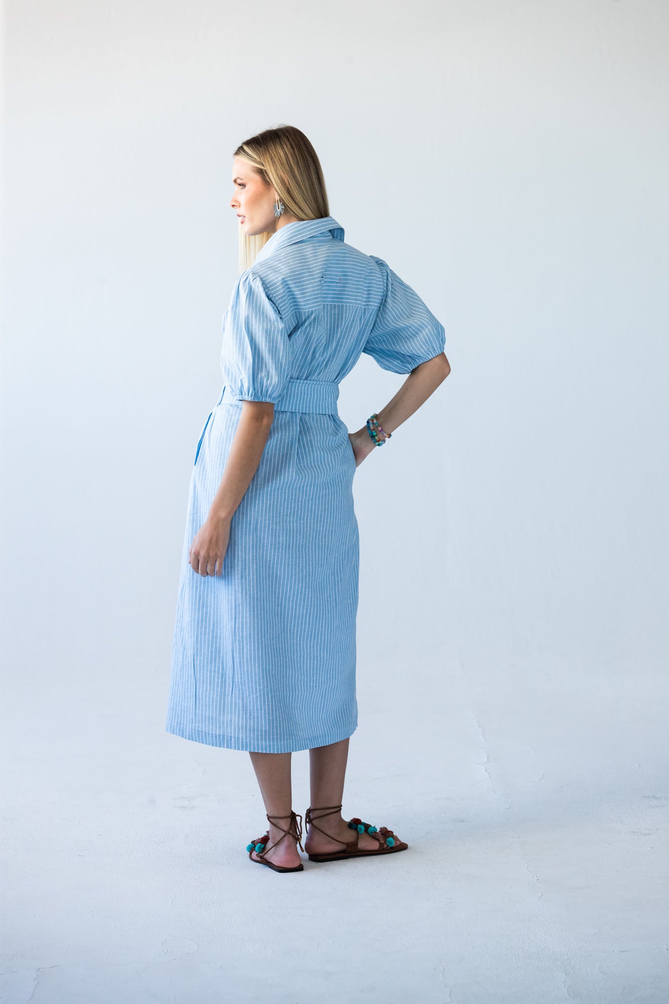 Harlow blue and white stripe shirt dress, back view 