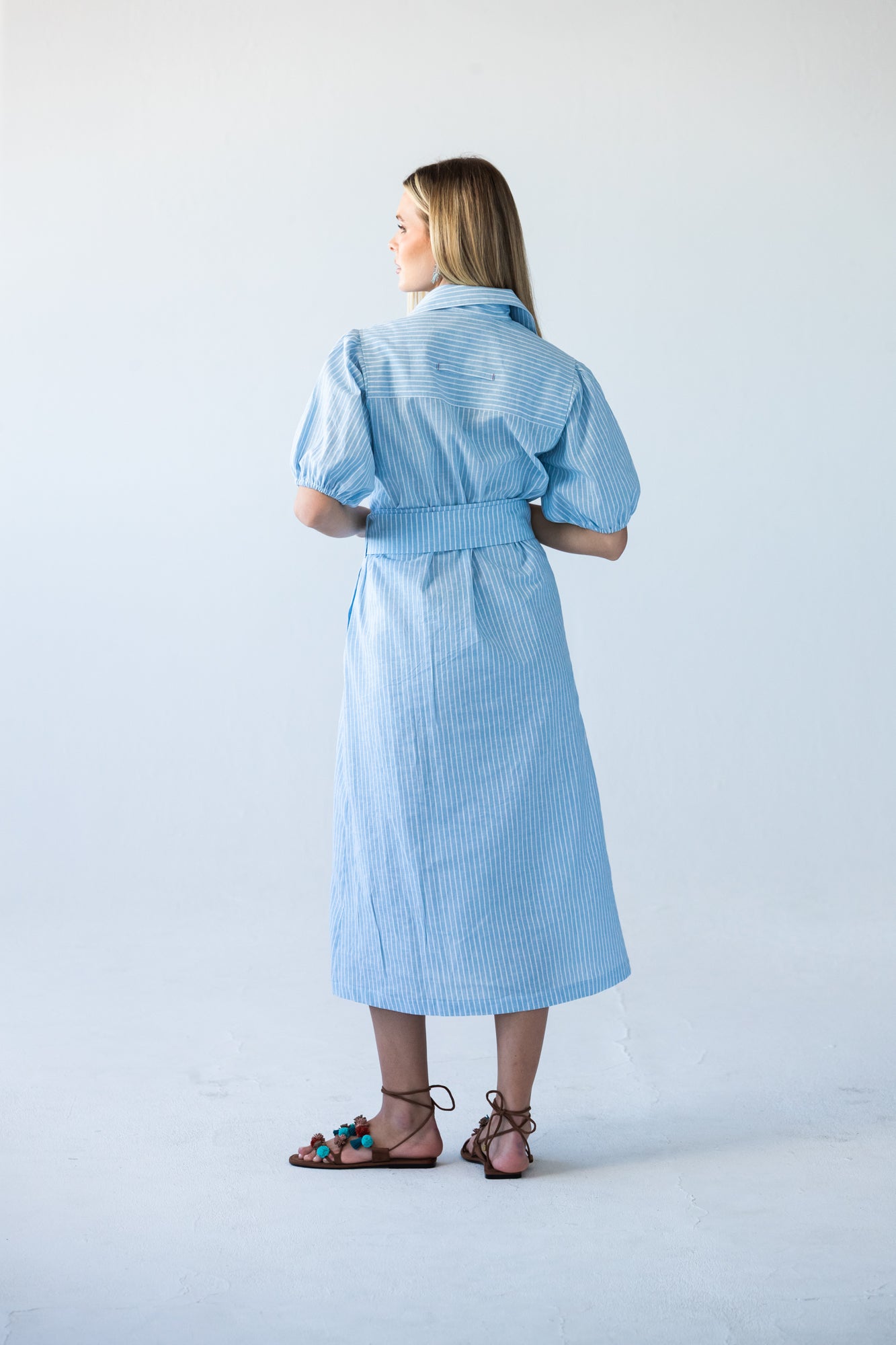 Harlow blue and white stripe shirt dress, full back view 