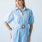 Harlow blue and white stripe shirt dress, front view showing belt detail