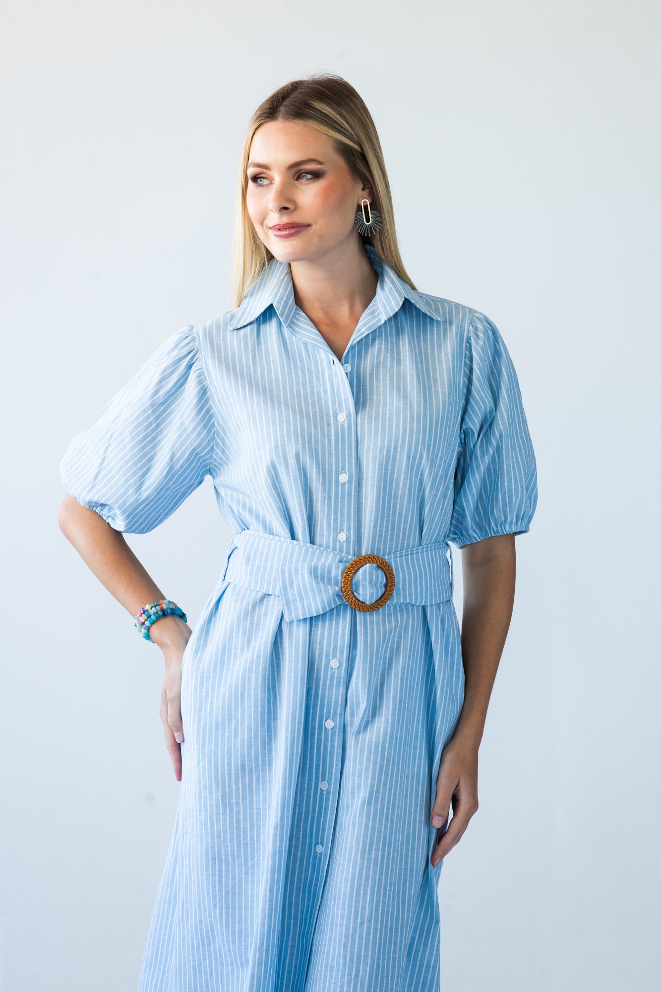 Harlow blue and white stripe shirt dress, front view showing belt detail