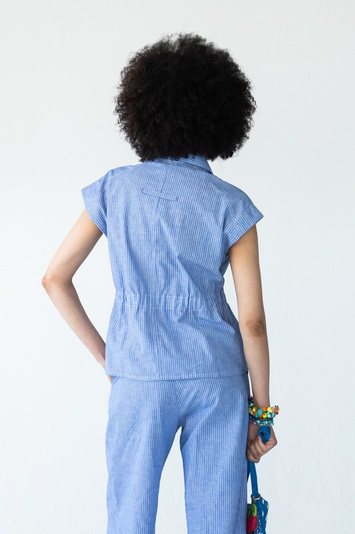 Reese stripe shirt, back view showing collar and elasticated waist