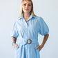 Harlow blue and white stripe shirt dress, front view showing hands in pockets