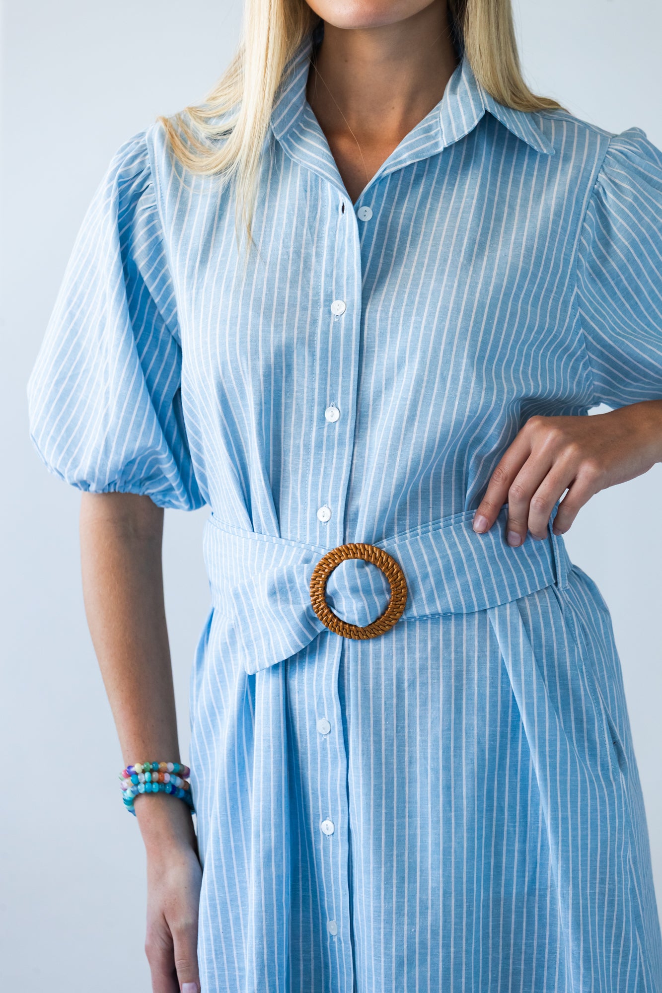Harlow blue and white stripe shirt dress, belt detail