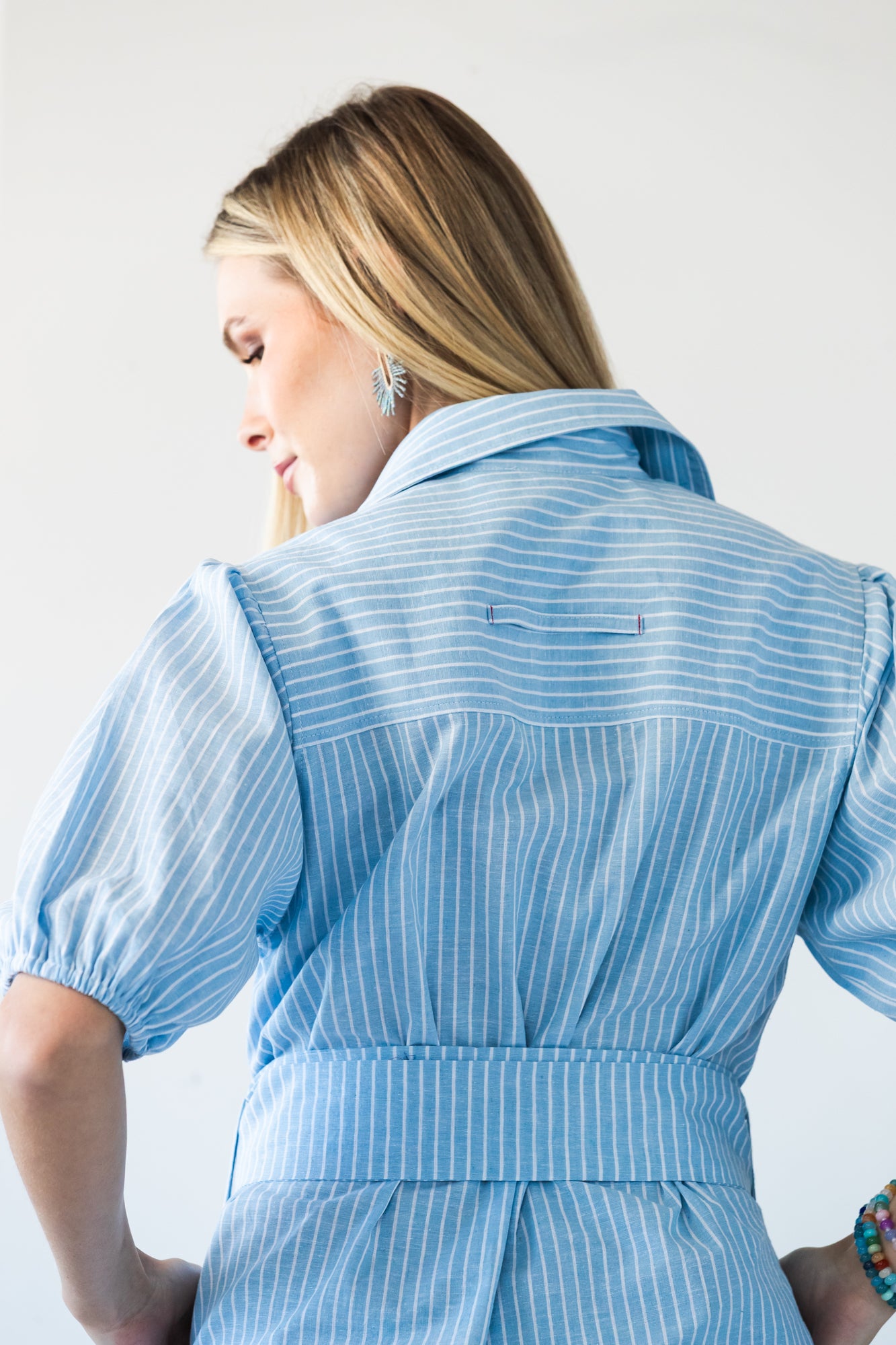Harlow blue and white stripe shirt dress, close up of back of dress