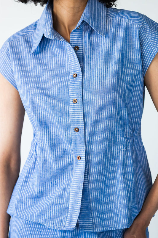Reese stripe shirt, close up of button placket and collar