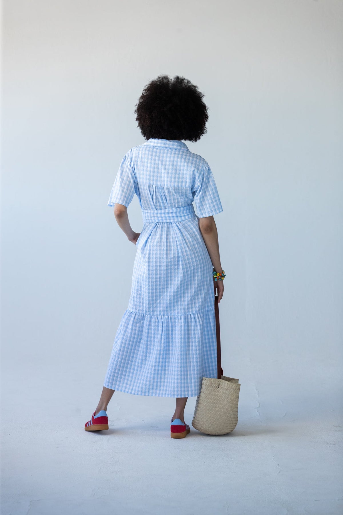Frankie blue check dress, back view with tied belt