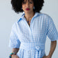 Frankie blue check dress, close-up of collar and buttoned placket