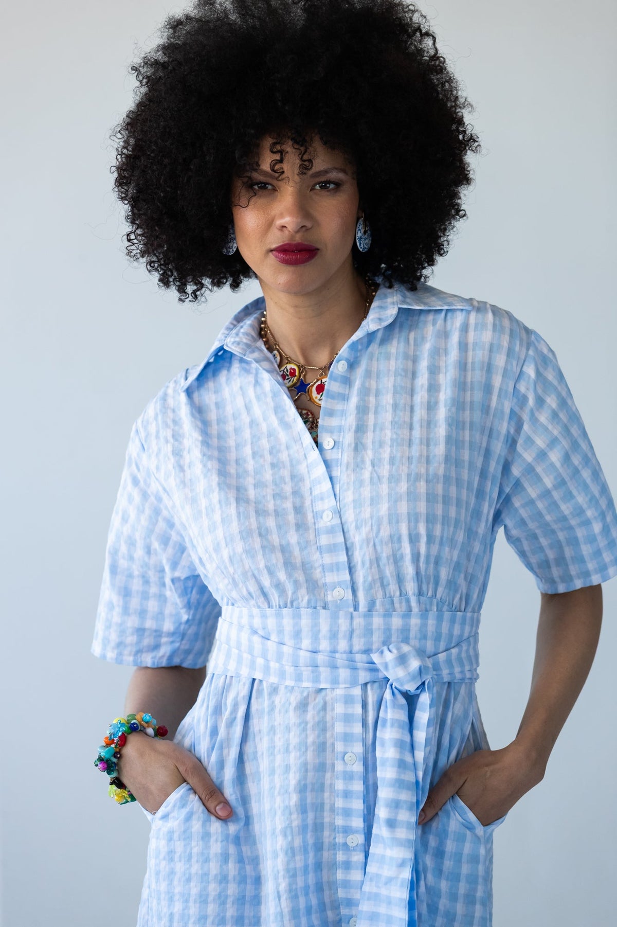 Frankie blue check dress, close-up of collar and buttoned placket