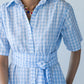 Frankie blue check dress, close-up of collar with model smiling